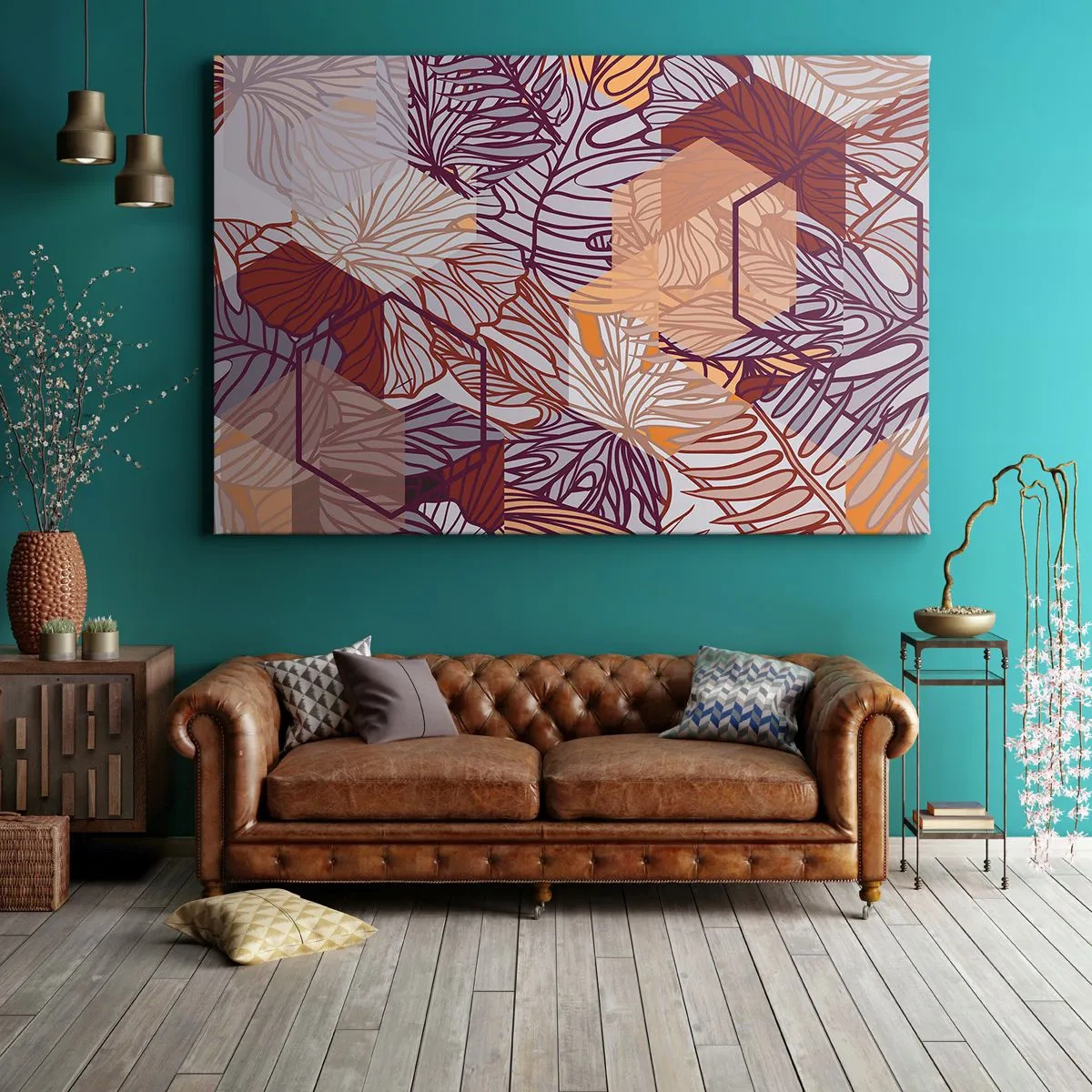 Quadro em tela - Um padrão decorativo de folhas tropicais em tons de roxo, laranja e bege. - 70x50cm - A impossível relação entre a geometria e a natureza - Decoração de parede moderna para a sala de estar e quarto ARTTOR