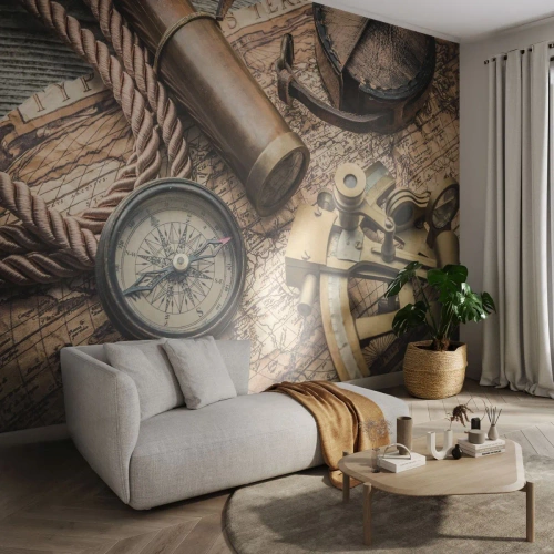 Papel de Parede Standard Eco - Definir um rumo - Náutico, Mapa mundial, Bússola - 400x280 cm