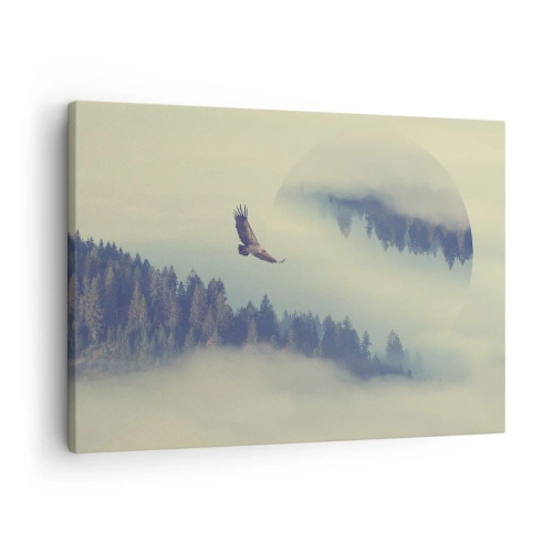 Quadro em tela - Uma águia em voo contra um cenário de montanhas enevoadas com um motivo circular artístico - 70x50cm - Eu vi a sombra de uma águia - Decoração de parede moderna para a sala de estar e quarto ARTTOR