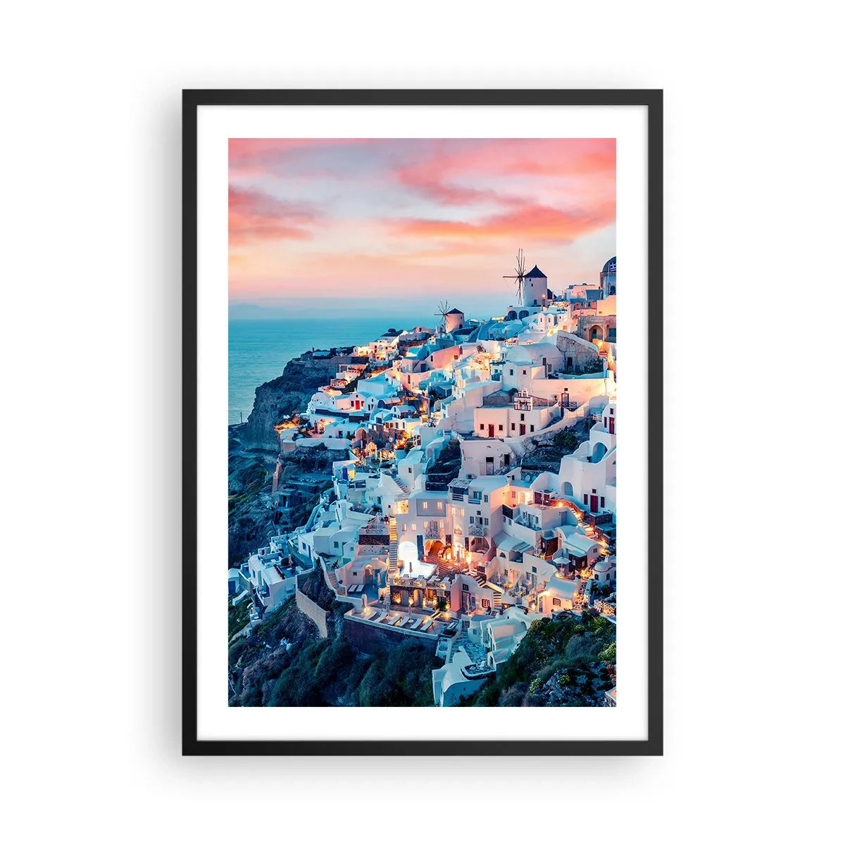 Pôster com moldura preta - Vista pitoresca das casas iluminadas em Santorini ao pôr do sol - 50x70cm - As suas grandes férias gregas - Decoração de parede moderna para a sala de estar e quarto ARTTOR