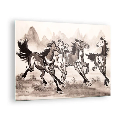 Quadro em vidro - Um grupo de cavalos galopando no estilo chinês - 70x50cm - Num galope alegre - Decoração de parede moderna para a sala de estar e quarto ARTTOR