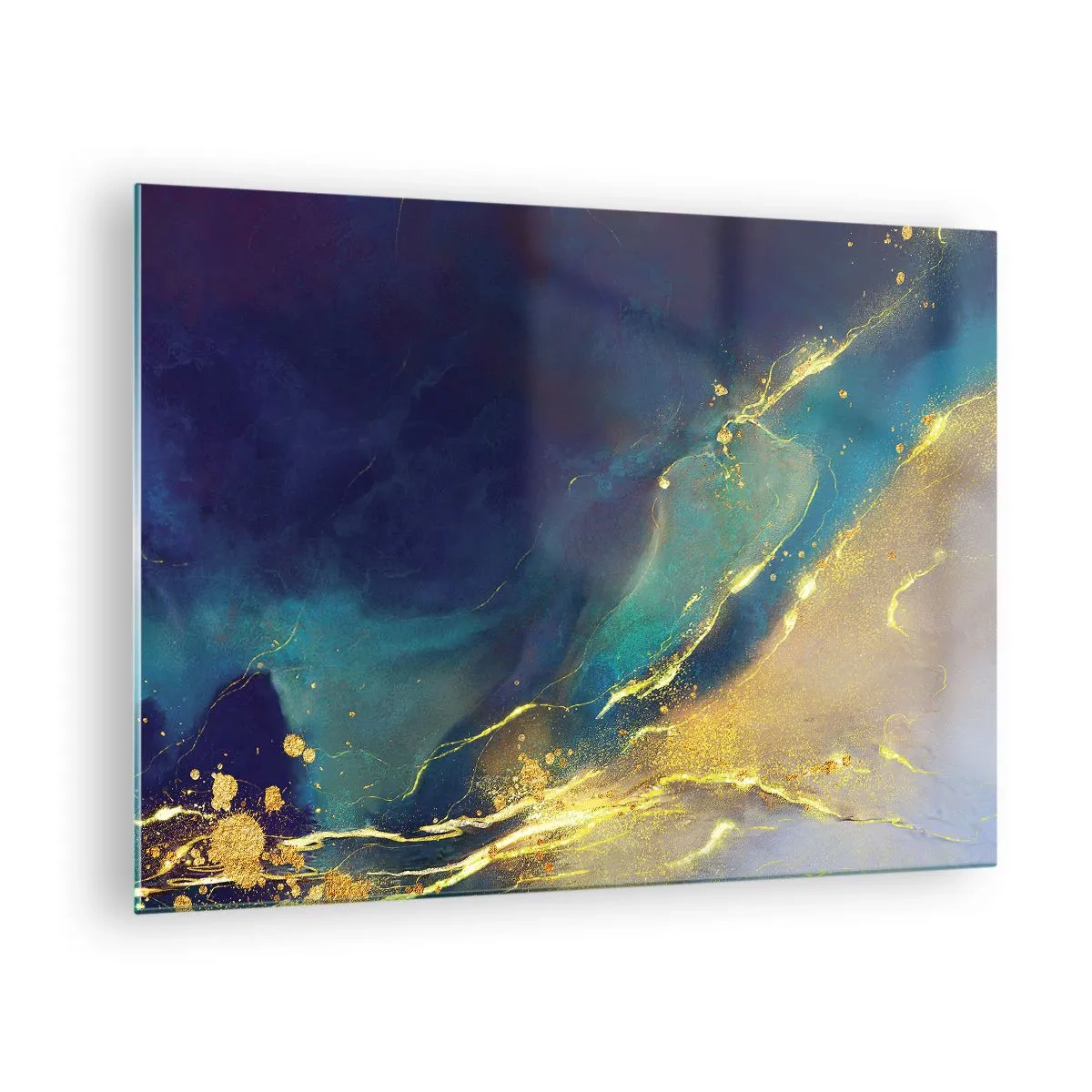 Quadro em vidro - Uma composição abstrata em tons de azul marinho, turquesa e dourado - 70x50cm - Piscina dourada - Decoração de parede moderna para a sala de estar e quarto ARTTOR