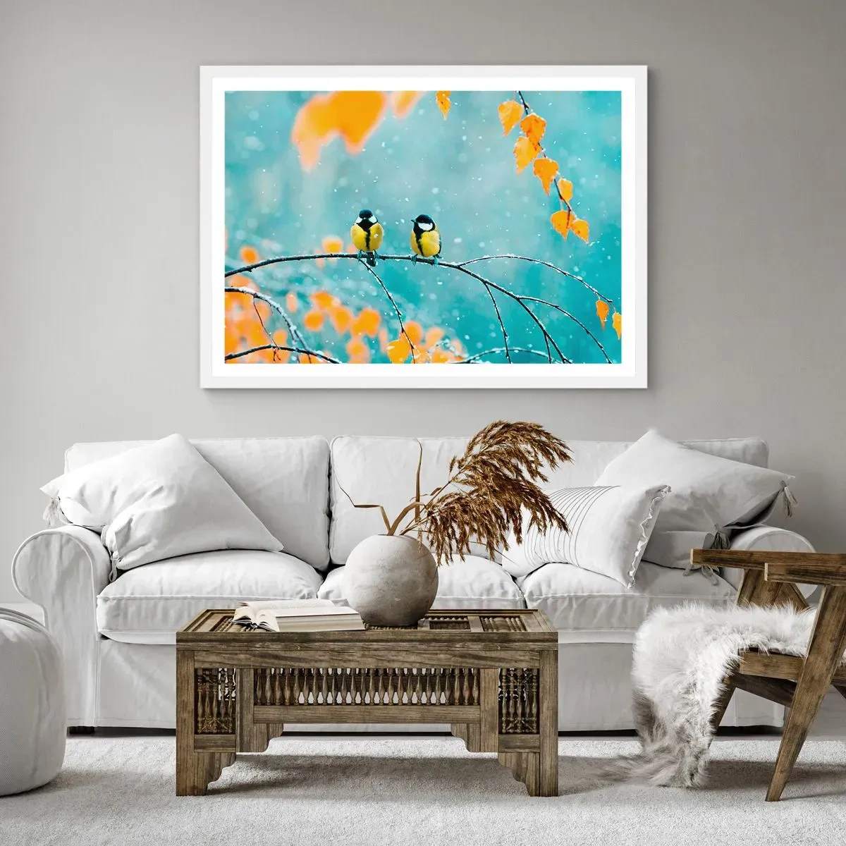 Pôster em moldura branca - Fofoca de pássaros - 100x70 cm