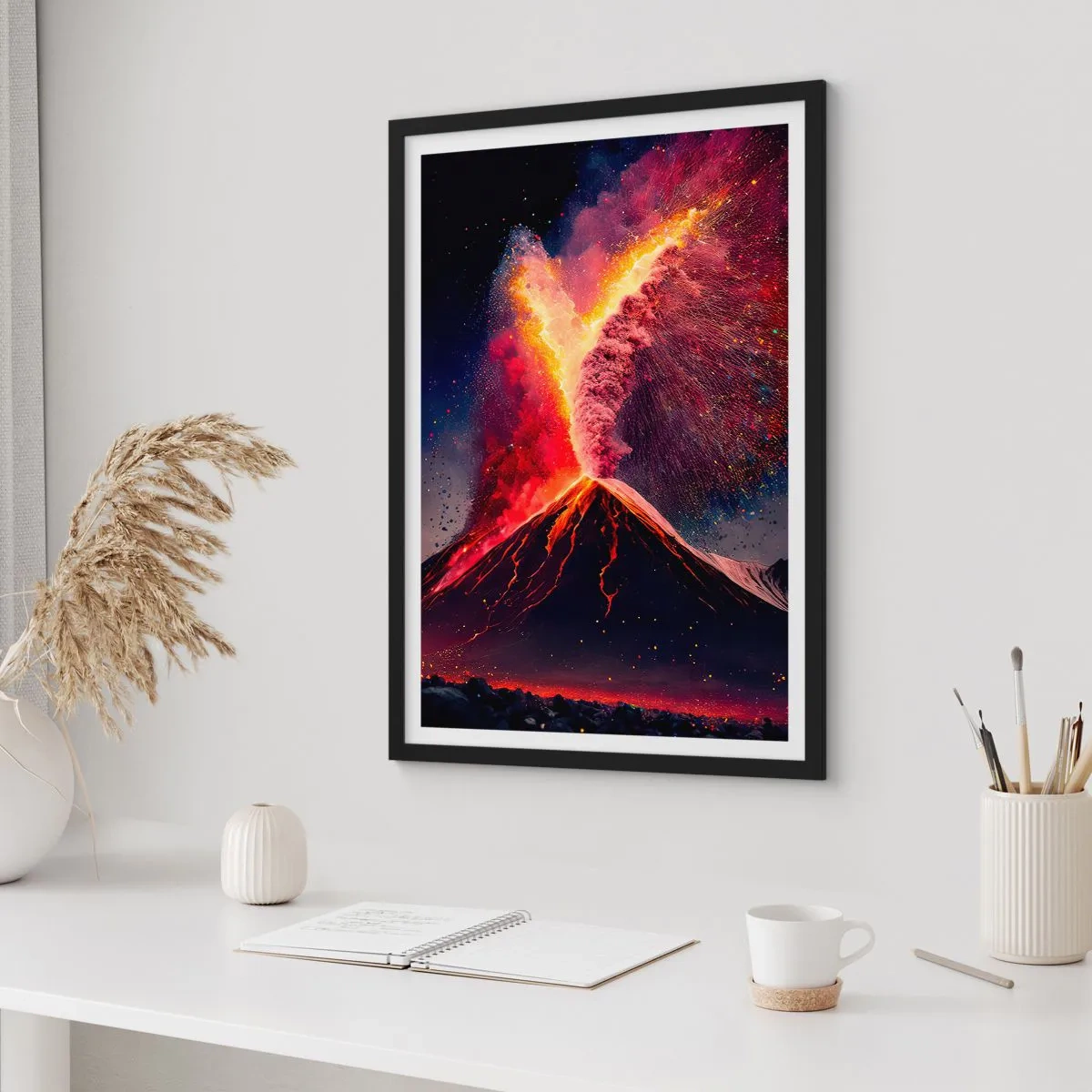 Pôster com moldura preta - Um vulcão em erupção em uma paisagem noturna - 50x70cm - Beleza e terror - Decoração de parede moderna para a sala de estar e quarto ARTTOR