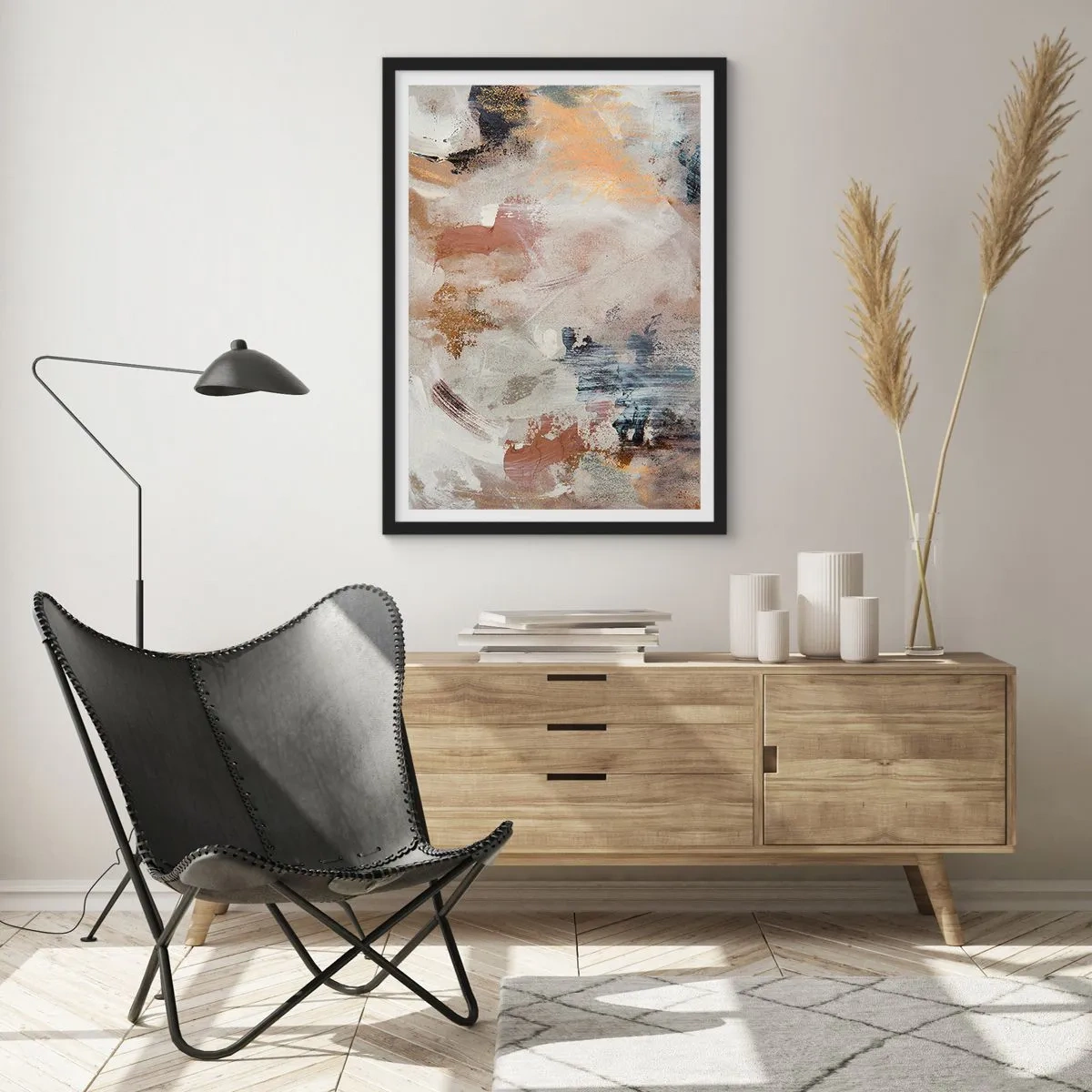Pôster com moldura preta - Uma composição abstrata em cores quentes e terrosas. - 50x70cm - Abstração enevoada - Decoração de parede moderna para a sala de estar e quarto ARTTOR