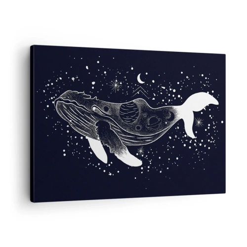 Quadro em tela - Uma ilustração gráfica de uma baleia em estilo da era espacial. - 70x50cm - No oceano do universo - Decoração de parede moderna para a sala de estar e quarto ARTTOR