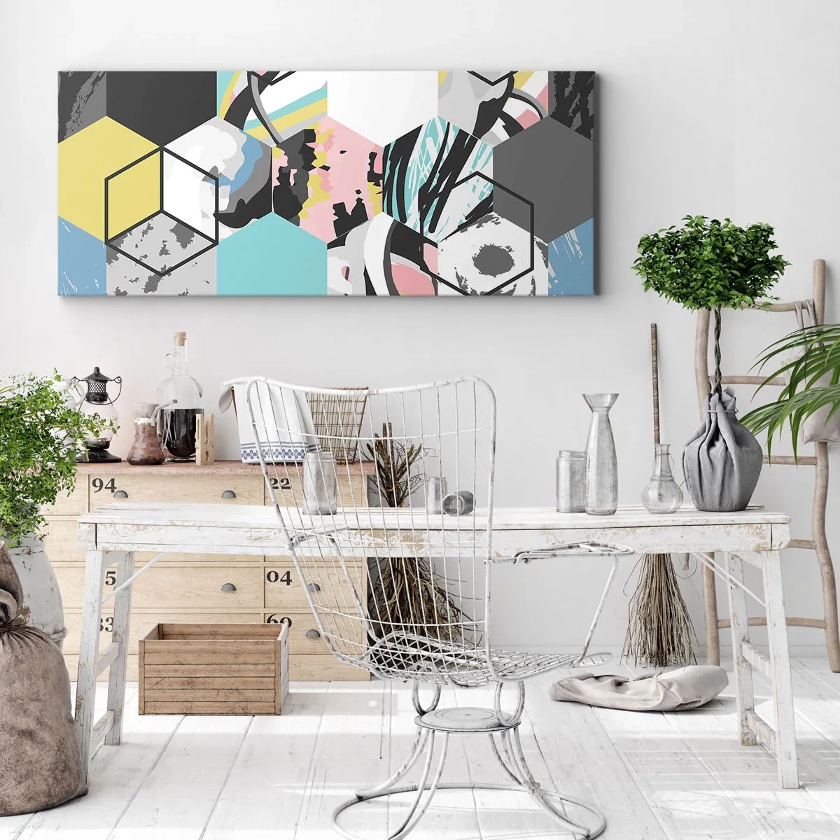 Quadro em tela - Hexágonos e cubos em seis cores - 160x50 cm