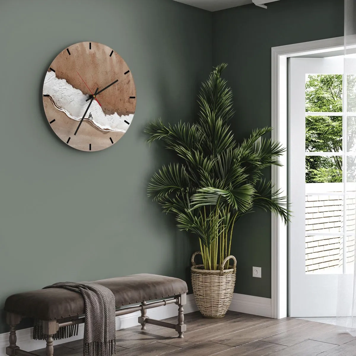 Relógio de parede - Relógio em vidro - Textura marrom e branca inspirada na natureza - 30x30cm - Nas cores da terra - Decoração de parede moderna para a sala de estar, cozinha e quarto ARTTOR