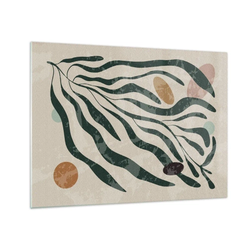 Quadro em vidro - Formas orgânicas em verde sobre fundo bege - 70x50cm - Entre a vegetação - Decoração de parede moderna para a sala de estar e quarto ARTTOR