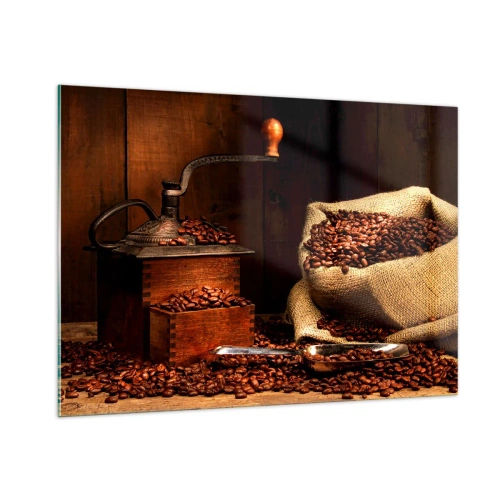 Quadro em vidro - Natureza morta com grãos de café e moedor - 100x70 cm