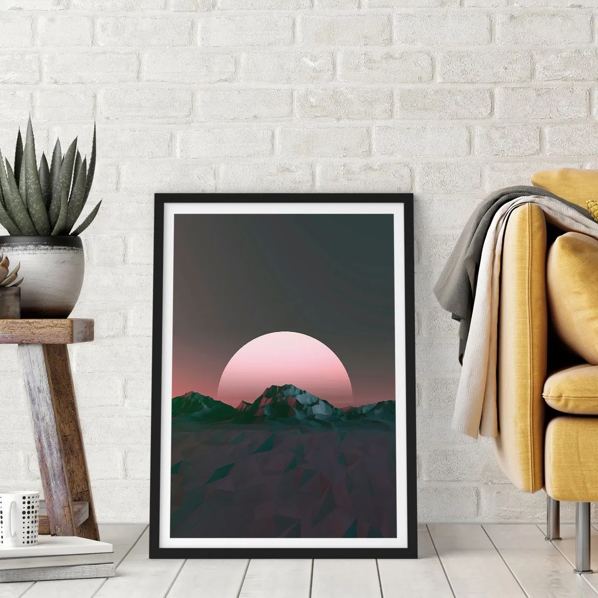 Pôster com moldura preta - Paisagem de fantasia com uma lua rosa e montanhas - 50x70cm - Numa galáxia vizinha - Decoração de parede moderna para a sala de estar e quarto ARTTOR