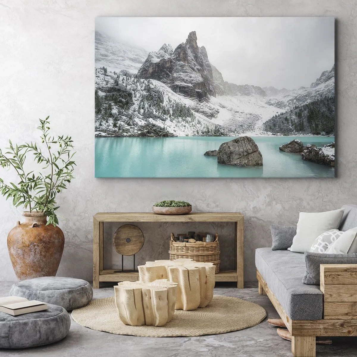 Quadro em tela - Uma paisagem montanhosa com um lago cercado por picos nevados - 70x50cm - Na guarda - Decoração de parede moderna para a sala de estar e quarto ARTTOR