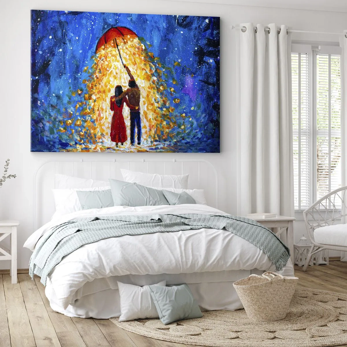 Quadro em tela - Um casal sob um guarda-chuva vermelho na chuva luminosa - 70x50cm - A magia de uma noite chuvosa? - Decoração de parede moderna para a sala de estar e quarto ARTTOR