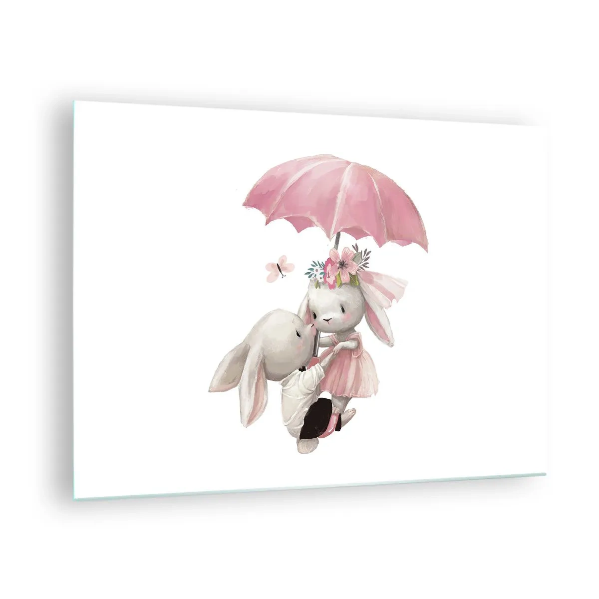 Quadro em vidro - Dois coelhos sob um guarda-chuva rosa em uma cena romântica - 70x50cm - Isso é amor - Decoração de parede moderna para a sala de estar e quarto ARTTOR