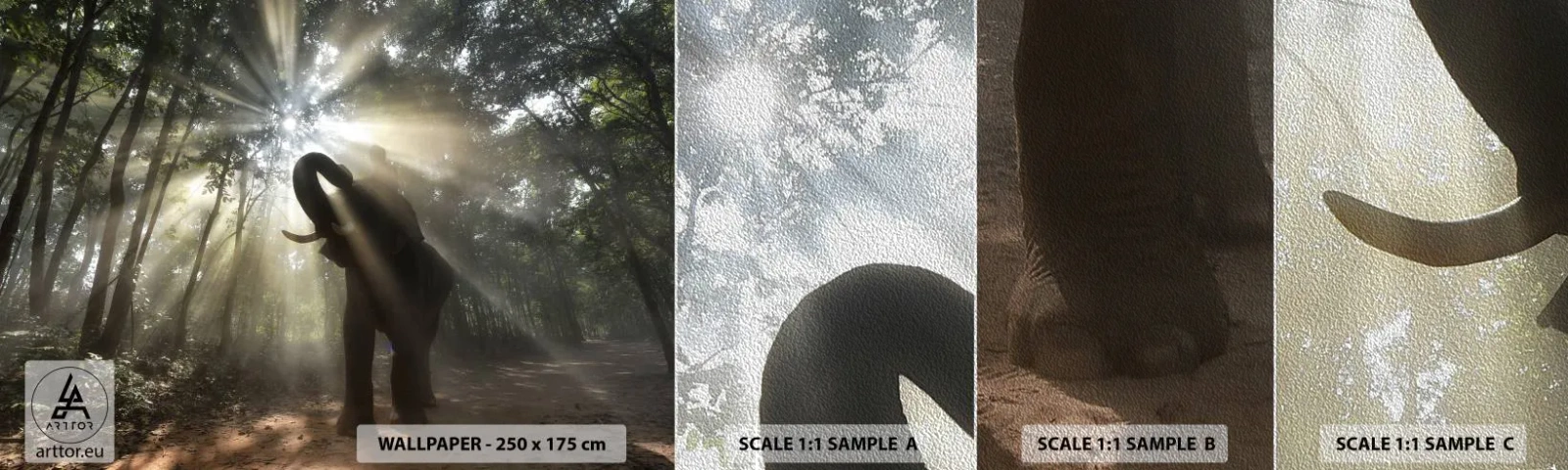 Amostra de papel de parede Premium Sand - Sob a estrela da sorte - Paisagem, Elefante, Selva - 100x30 cm