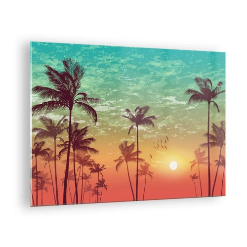 Quadro em vidro - Ilustração de palmeiras ao pôr do sol - 70x50cm - Climas tropicais - Decoração de parede moderna para a sala de estar e quarto ARTTOR