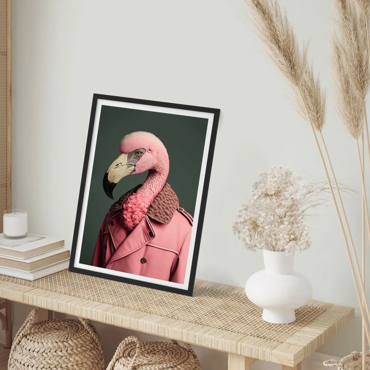 Pôster com moldura preta - Um flamingo estiloso com um casaco elegante - 50x70cm - Verdadeira elegância - Decoração de parede moderna para a sala de estar e quarto ARTTOR