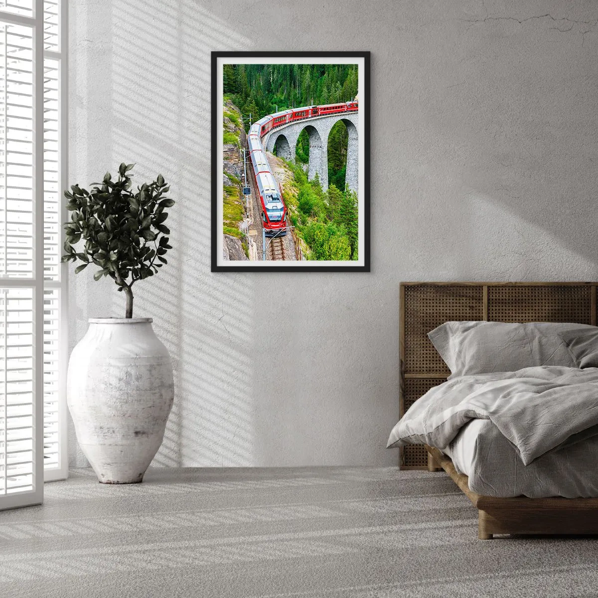 Pôster com moldura preta - Linha férrea com vista para a montanha - 61x91 cm