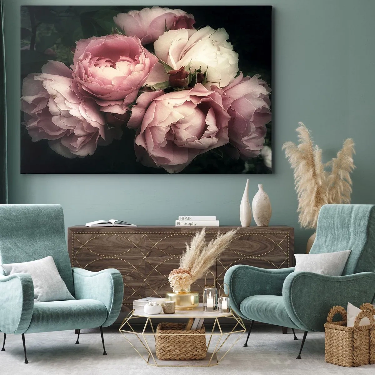 Quadro em tela - Um buquê de rosas em delicados tons de rosa e branco - 70x50cm - O encanto da belle epoque - Decoração de parede moderna para a sala de estar e quarto ARTTOR