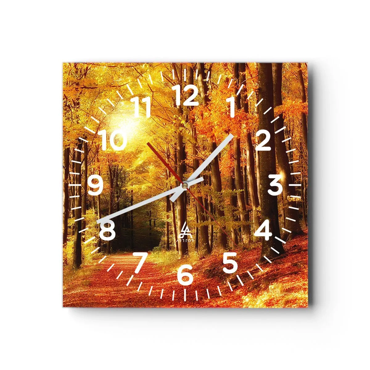 Relógio de parede - Relógio em vidro - Outono dourado na estrada da floresta - 40x40 cm