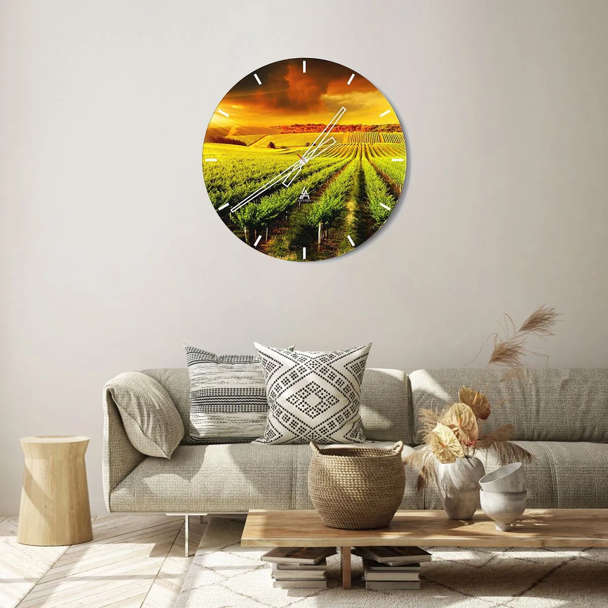 Relógio de parede - Relógio em vidro - Vinhedo sob o brilho do pôr do sol - 30x30cm - Sob o sol australiano - Decoração de parede moderna para a sala de estar, cozinha e quarto ARTTOR