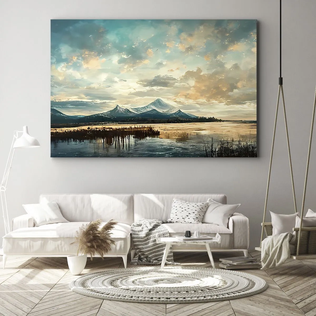Quadro em tela - Uma paisagem pitoresca com uma montanha e um lago calmo - 70x50cm - Sob a proteção do céu - Decoração de parede moderna para a sala de estar e quarto ARTTOR