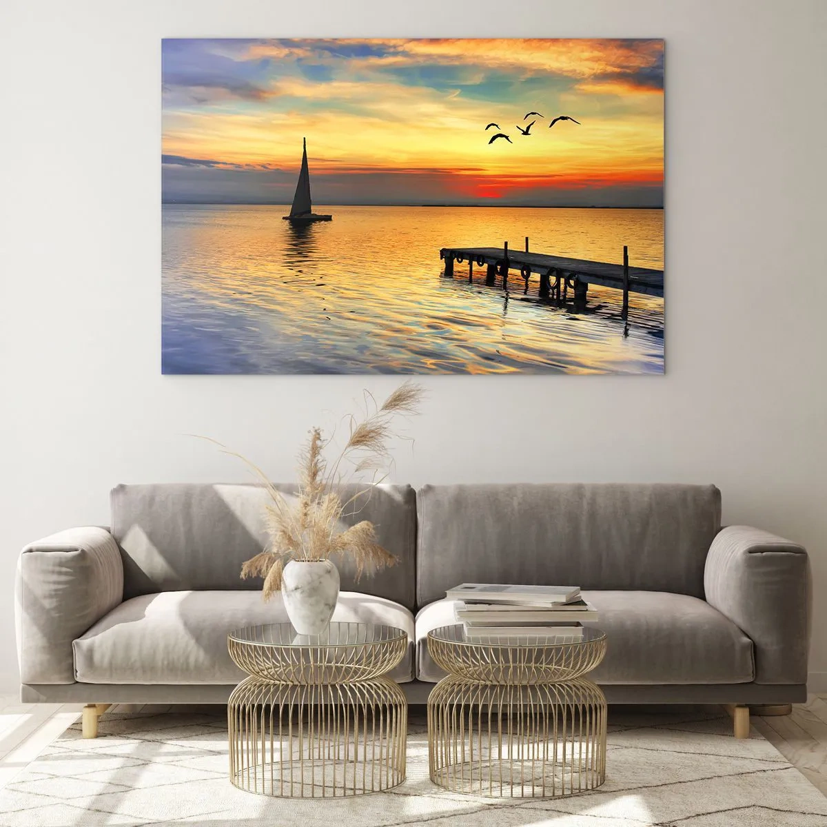 Quadro em vidro - Veleiro e píer ao pôr do sol em um lago calmo - 70x50cm - Regressos noturnos - Decoração de parede moderna para a sala de estar e quarto ARTTOR