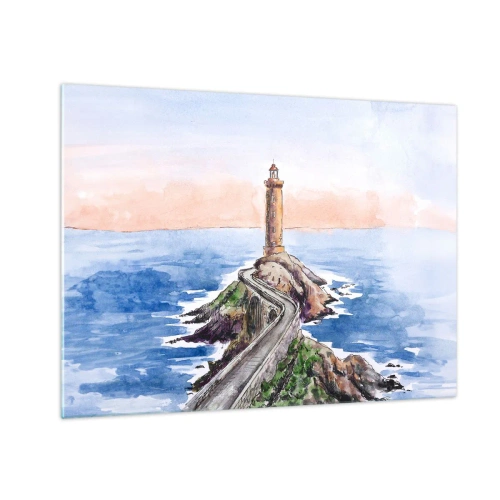 Quadro em vidro - Um farol em um promontório rochoso cercado por um mar calmo - 70x50cm - De frente para o mar - Decoração de parede moderna para a sala de estar e quarto ARTTOR