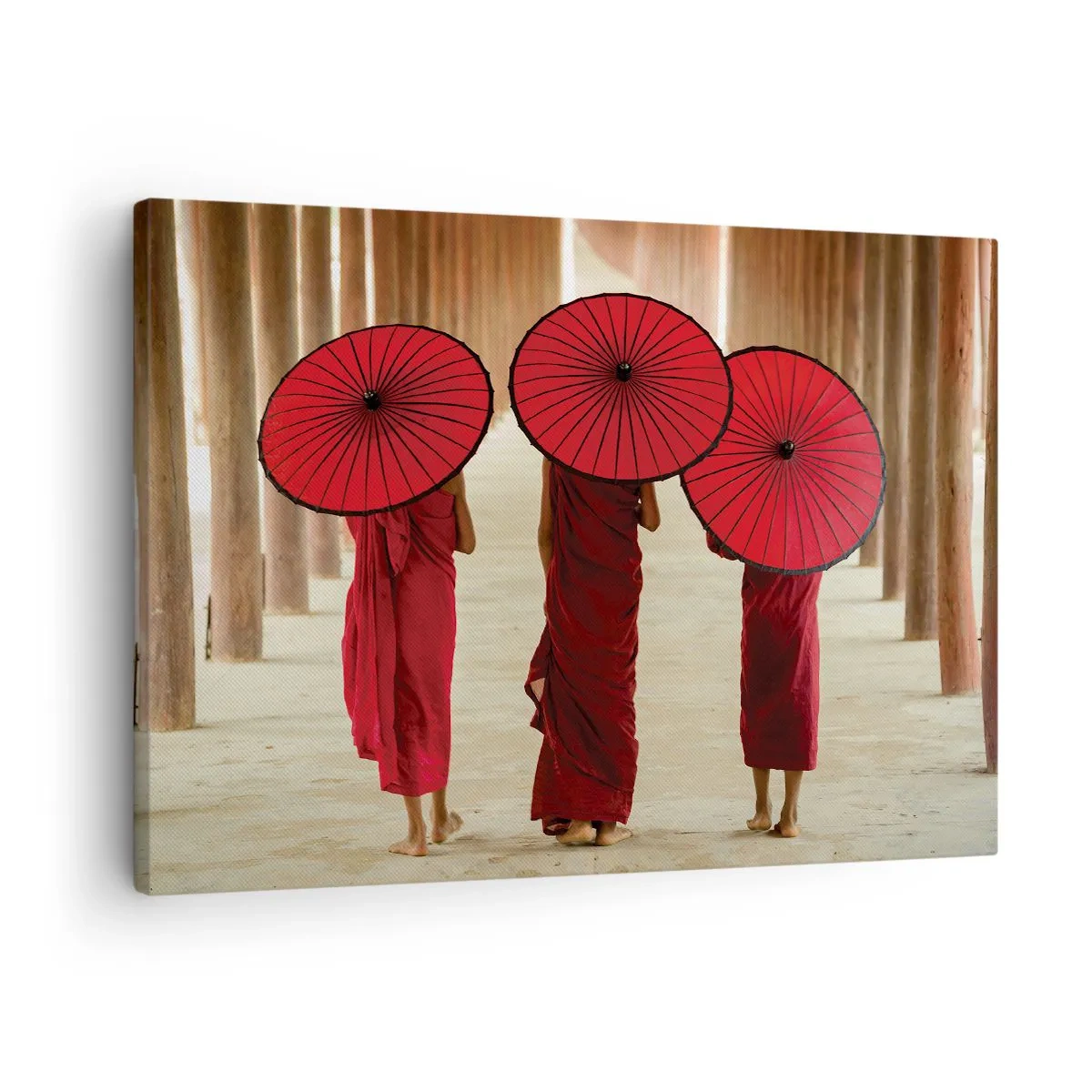 Quadro em tela - Três monges com guarda-chuvas vermelhos na arquitetura tradicional - 70x50cm - A caminho da Terra Pura - Decoração de parede moderna para a sala de estar e quarto ARTTOR