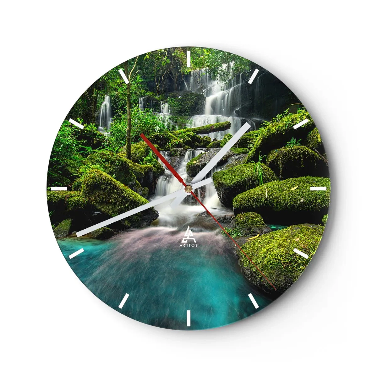 Relógio de parede - Relógio em vidro - Uma cachoeira verde com um lago turquesa cercado por musgo - 30x30cm - Turquesa, safiras e prata líquida - Decoração de parede moderna para a sala de estar, cozinha e quarto ARTTOR