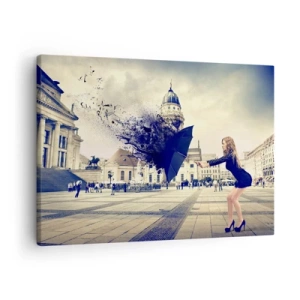 Quadro em tela - Uma mulher com um guarda-chuva em uma composição artística contra um fundo urbano - 70x50cm - Há um vento... - Decoração de parede moderna para a sala de estar e quarto ARTTOR