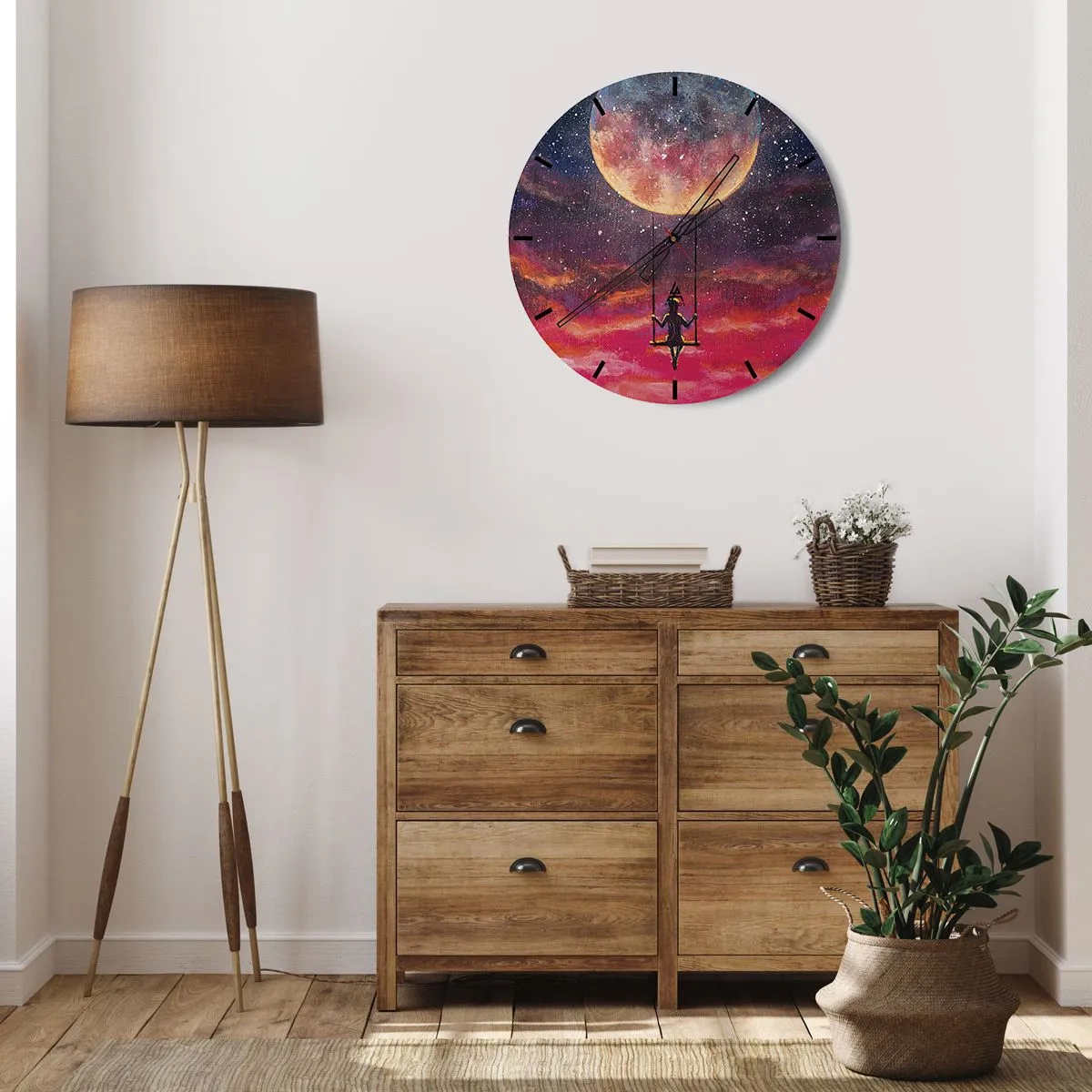 Relógio de parede - Relógio em vidro - Uma menina em um balanço suspenso sob a lua - 30x30cm - Balanço nas nuvens - Decoração de parede moderna para a sala de estar, cozinha e quarto ARTTOR