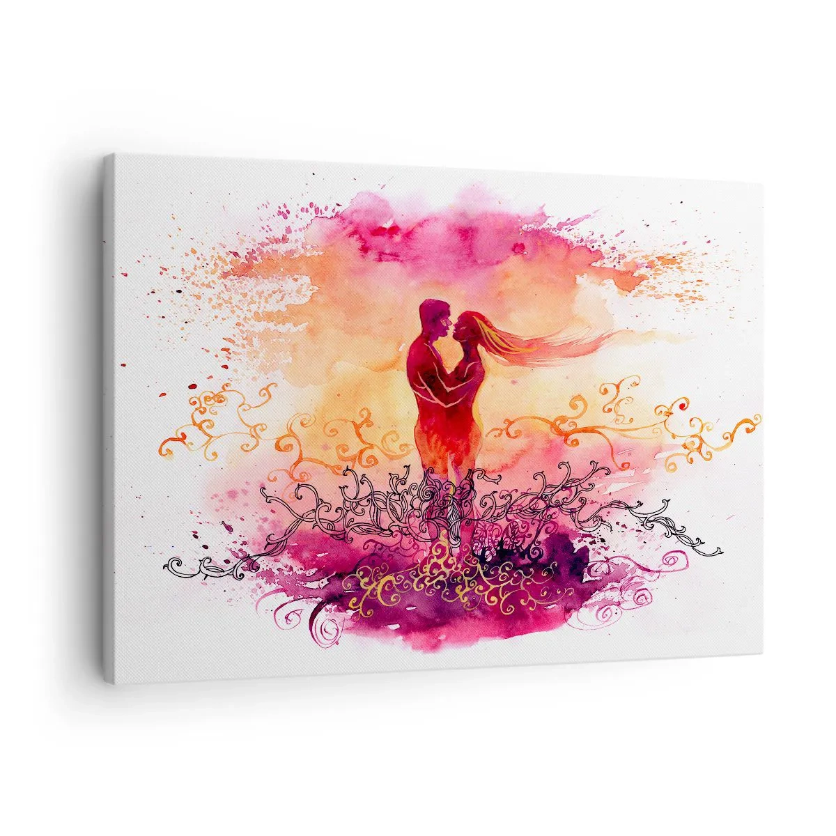 Quadro em tela - Um casal se abraçando contra um padrão abstrato rosa e laranja - 70x50cm - Um coração! Eu não preciso de tão pouco... - Decoração de parede moderna para a sala de estar e quarto ARTTOR