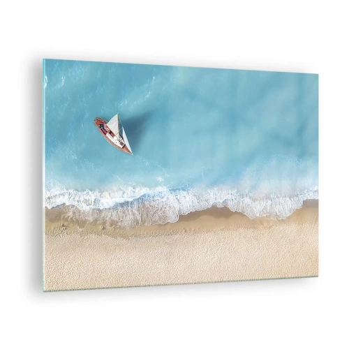 Quadro em vidro - Um veleiro no mar azul perto de uma praia de areia - 70x50cm - No limite do azul e do ouro - Decoração de parede moderna para a sala de estar e quarto ARTTOR