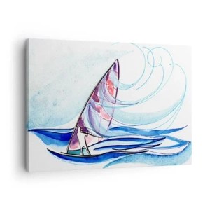 Quadro em tela - Um surfista surfando nas ondas em uma composição abstrata em aquarela - 70x50cm - Com o vento no ritmo das ondas - Decoração de parede moderna para a sala de estar e quarto ARTTOR