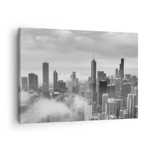 Quadro em tela - Panorama da cidade com arranha-céus nas nuvens em preto e branco - 70x50cm - Paisagem americana - Decoração de parede moderna para a sala de estar e quarto ARTTOR