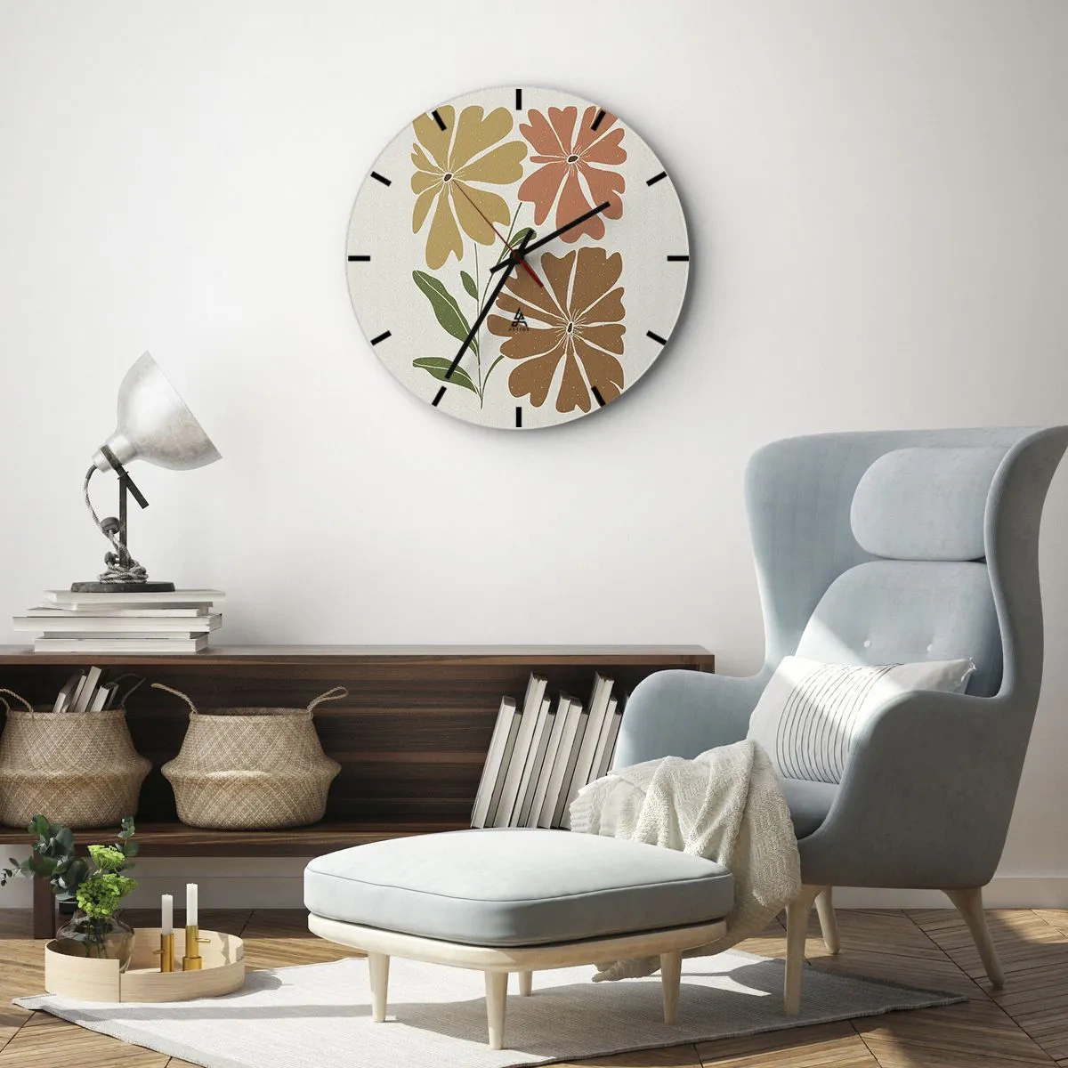Relógio de parede - Relógio em vidro - Uma composição floral em tons quentes sobre um fundo claro - 30x30cm - Natureza e geometria - Decoração de parede moderna para a sala de estar, cozinha e quarto ARTTOR