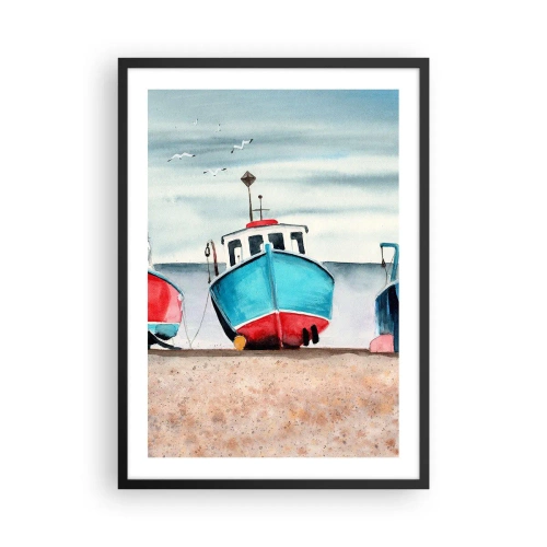 Pôster com moldura preta - Barcos de pesca azuis pitorescos na costa - 50x70cm - Pronto para pescar - Decoração de parede moderna para a sala de estar e quarto ARTTOR