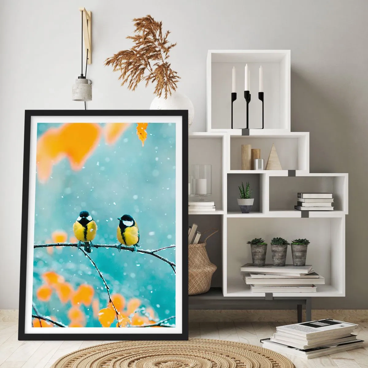 Pôster com moldura preta - Dois peitos sentados em um galho em uma paisagem de inverno - 50x70cm - Fofoca de pássaros - Decoração de parede moderna para a sala de estar e quarto ARTTOR