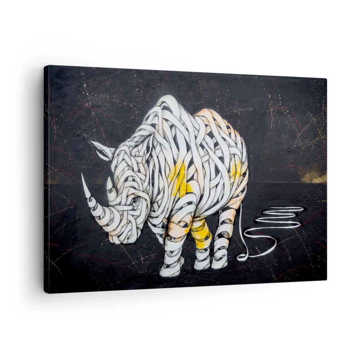 Quadro em tela - Um rinoceronte esculpido com listras abstratas em um fundo escuro. - 70x50cm - Dizer que é casca grossa é um mito - Decoração de parede moderna para a sala de estar e quarto ARTTOR