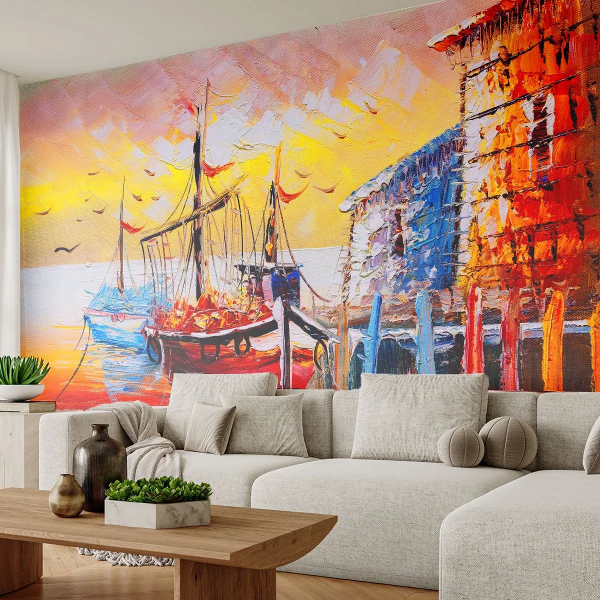 Papel de Parede Autocolante Deluxe Sticker - Feliz retorno - Paisagem, Porto dos Pescadores, Barcos - 450x315 cm
