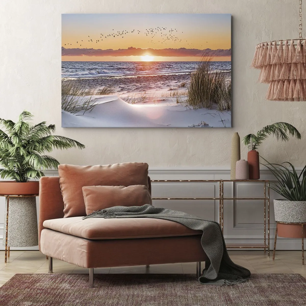 Quadro em tela - Pôr do sol sobre o mar com vista para as dunas - 70x50cm - Paisagem horizontal - Decoração de parede moderna para a sala de estar e quarto ARTTOR