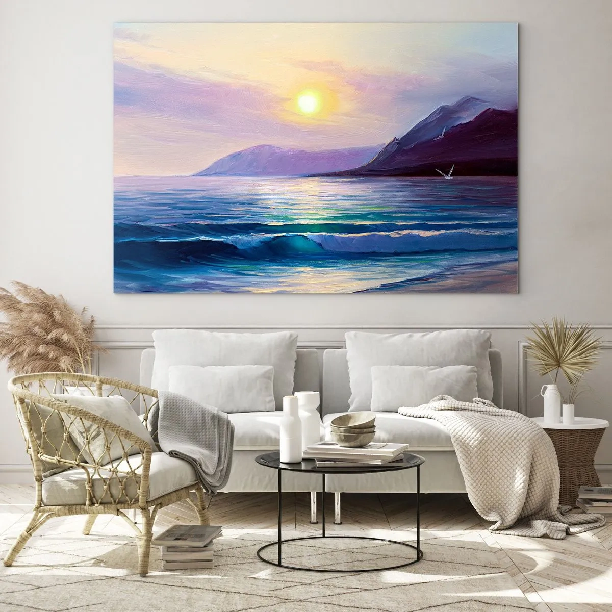 Quadro em vidro - Um pôr do sol pitoresco sobre o mar calmo e as montanhas - 70x50cm - Cristal de água e ar - Decoração de parede moderna para a sala de estar e quarto ARTTOR