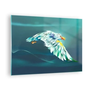 Quadro em vidro - Uma imagem abstrata de uma águia em tons de azul e branco sobre um fundo de ondas. - 70x50cm - O poder da águia - Decoração de parede moderna para a sala de estar e quarto ARTTOR