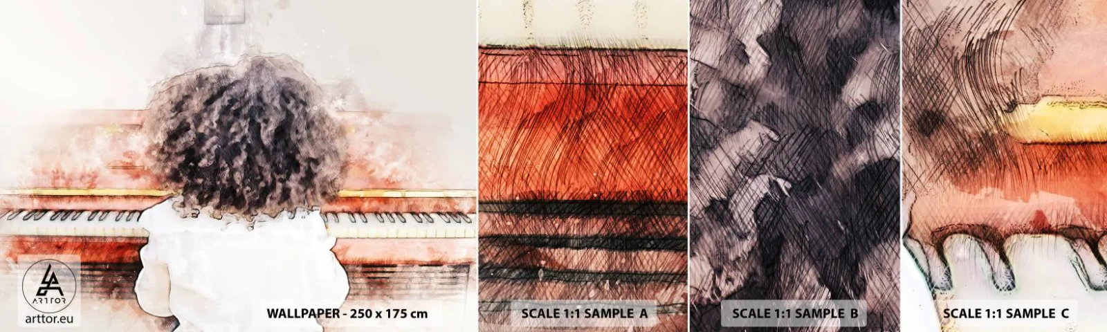 Amostra de papel de parede autocolante Deluxe Sticker - Num mundo novo - Piano, Música, Músico - 100x30 cm