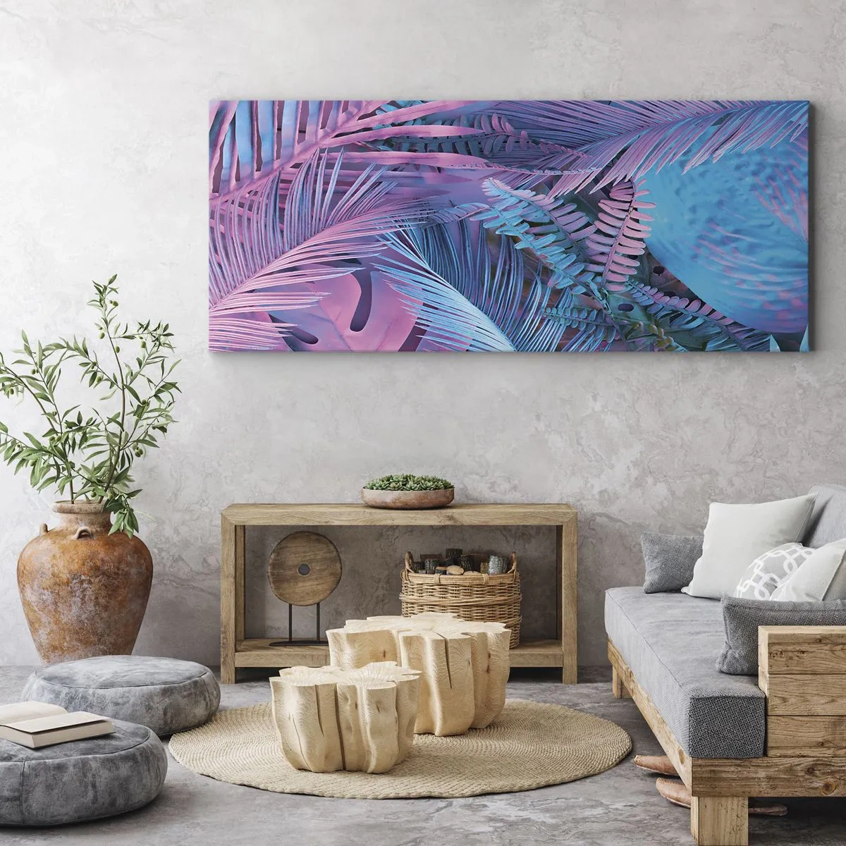 Quadro em tela - Trópicos em rosa e azul - 100x40 cm