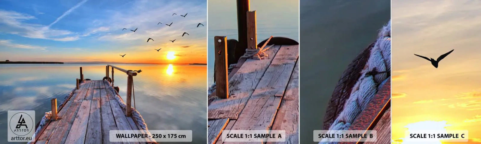 Amostra de Papel de Parede Standard Eco - Caminhando em direção ao sol - Paisagem, Lago, Ponte de madeira - 100x30 cm