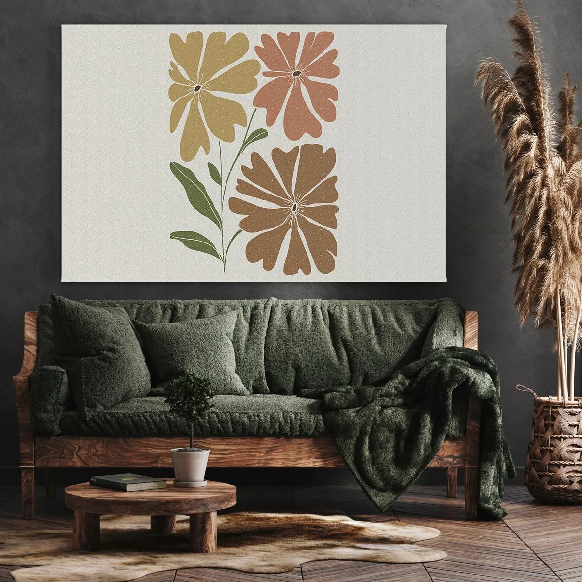 Quadro em tela - Três flores em cores quentes sobre fundo claro - 70x50cm - Natureza e geometria - Decoração de parede moderna para a sala de estar e quarto ARTTOR