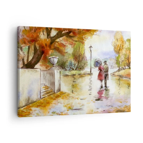 Quadro em tela - Um passeio no parque de outono com um guarda-chuva - 70x50cm - Outono romântico no parque - Decoração de parede moderna para a sala de estar e quarto ARTTOR