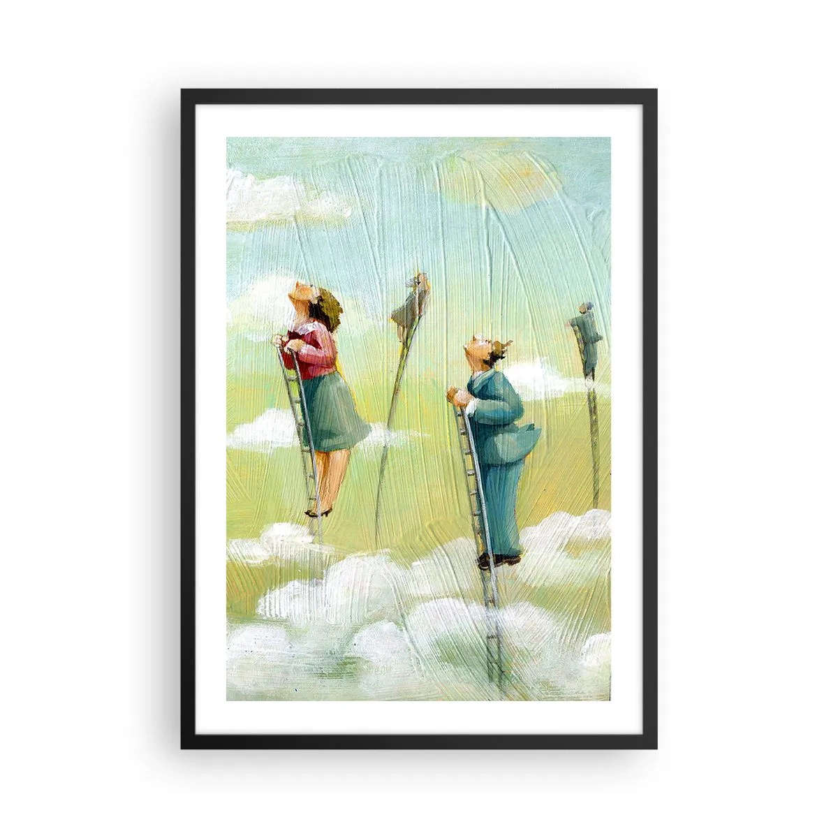 Pôster com moldura preta - Personagens subindo escadas nas nuvens - 50x70cm - Por trás do seu sonho - Decoração de parede moderna para a sala de estar e quarto ARTTOR